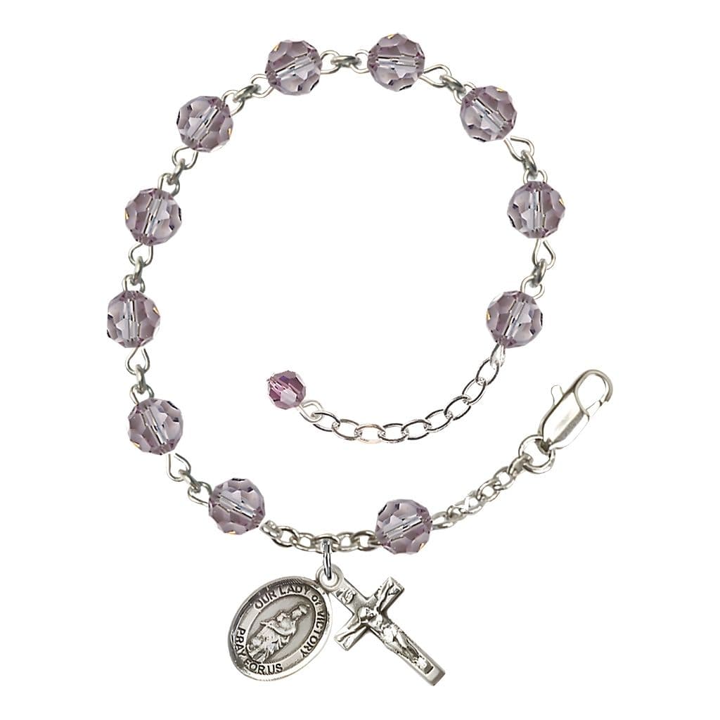 Bliss Our Lady of Victory Sterling Silver June Birthstone Light Amethyst 6mm Austrian Crystal Rosary Bracelet