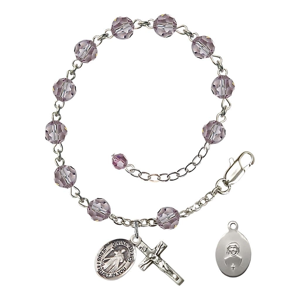 Bliss Jesus Divine Mercy Rosary Bracelet with Sterling Silver Crucifix and Charm, Birthstone 6mm Austrian Crystal Light Amethyst Beads for June