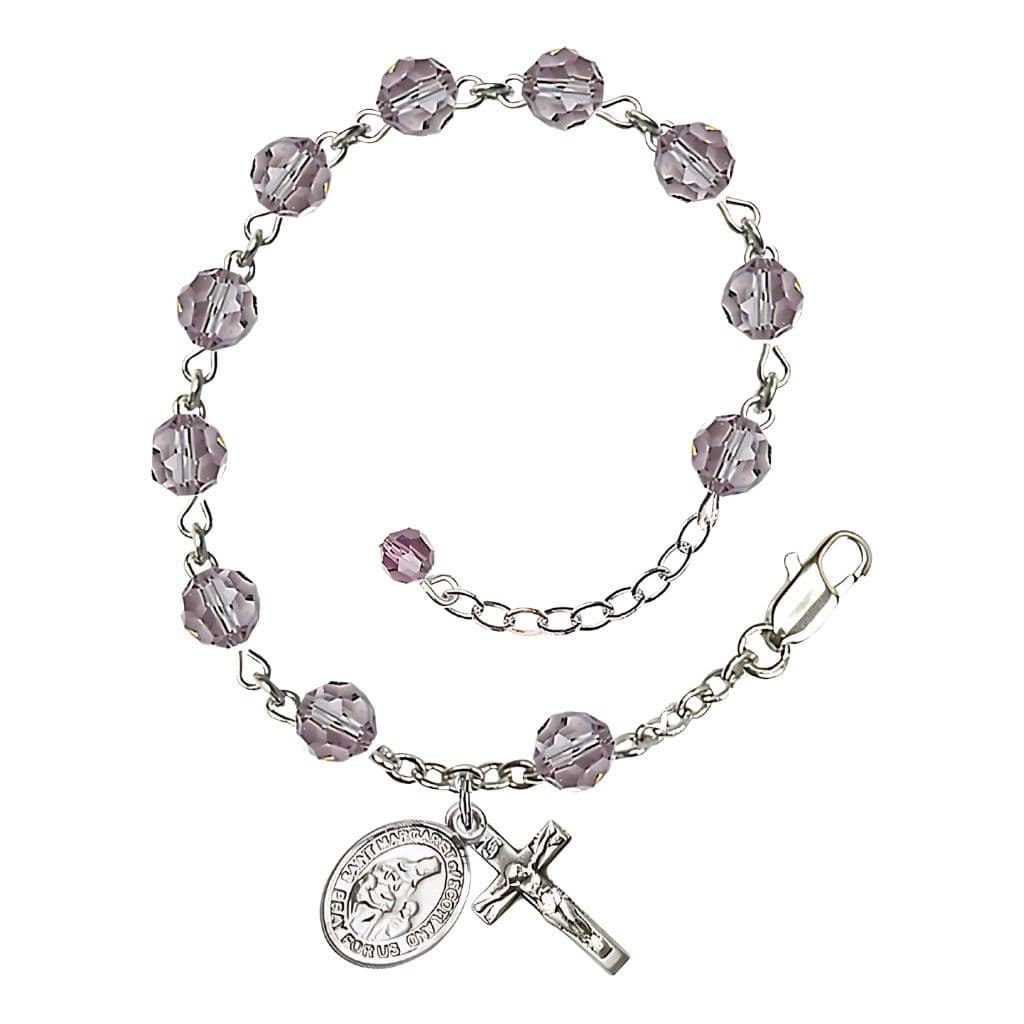 Bliss St. Margaret of Scotland Birthstone Sterling Silver Austrian Crystal Rosary Bracelet in Light Amethyst,