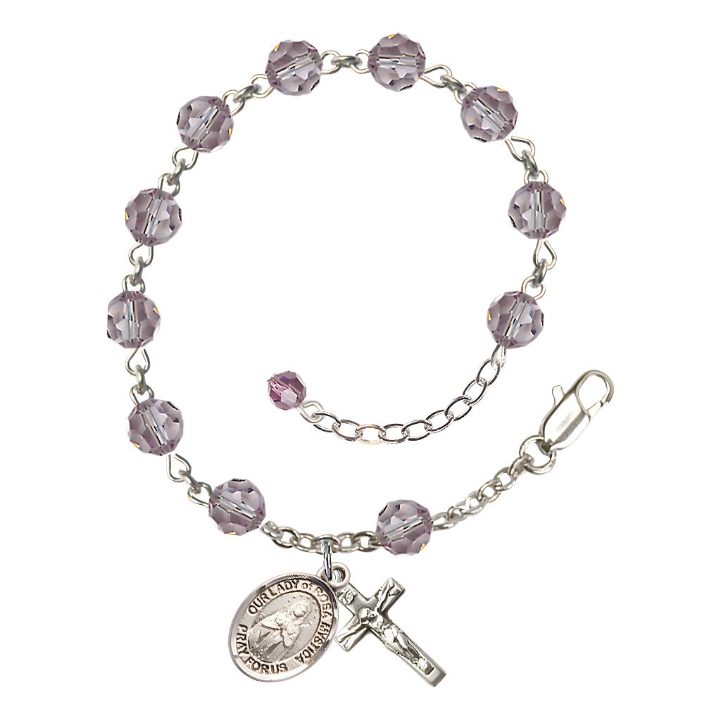 Bliss Our Lady of Rosa Mystica Rosary Bracelet with Sterling Silver Crucifix and Charm, Birthstone 6mm Austrian Crystal Light Amethyst Beads for June