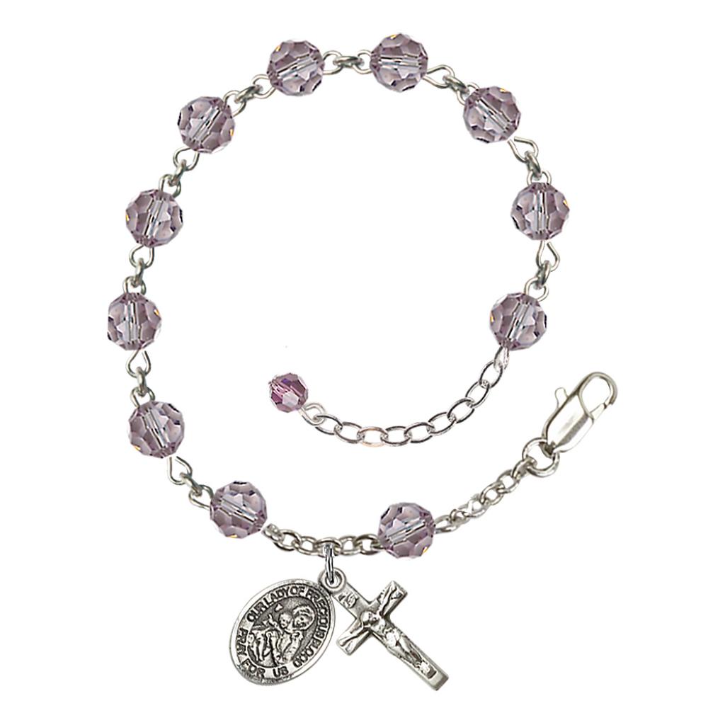 Our Lady of the Precious Blood Rosary Bracelet with Sterling Silver Crucifix and Charm, Birthstone 6mm Austrian Crystal Light Amethyst Beads for June