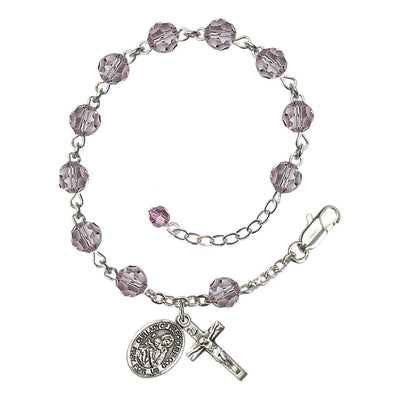 Our Lady of the Precious Blood Rosary Bracelet with Sterling Silver Crucifix and Charm, Birthstone 6mm Austrian Crystal Light Amethyst Beads for June