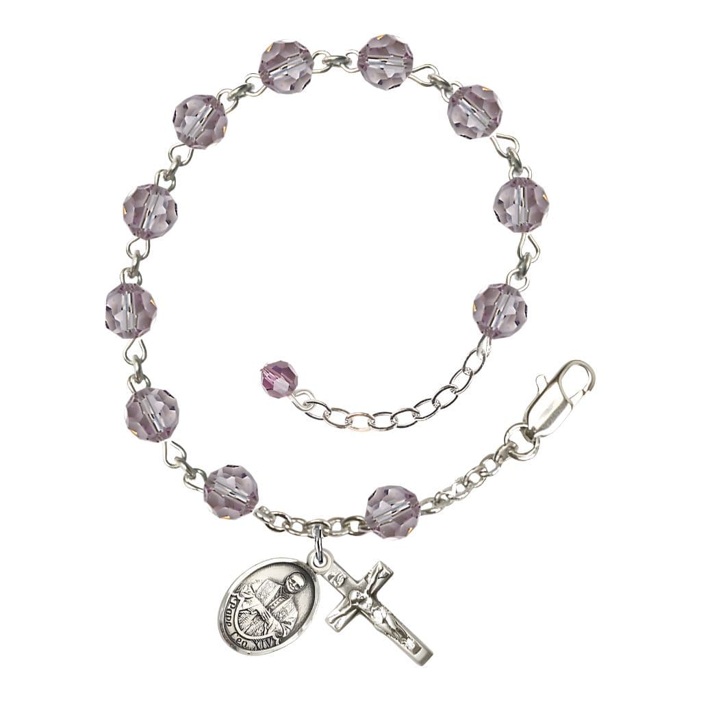 Bliss Pope Leo XIV Sterling Silver Rosary Bracelet with Birthstone 6mm Austrian Crystal Beads in Light Amethyst for June