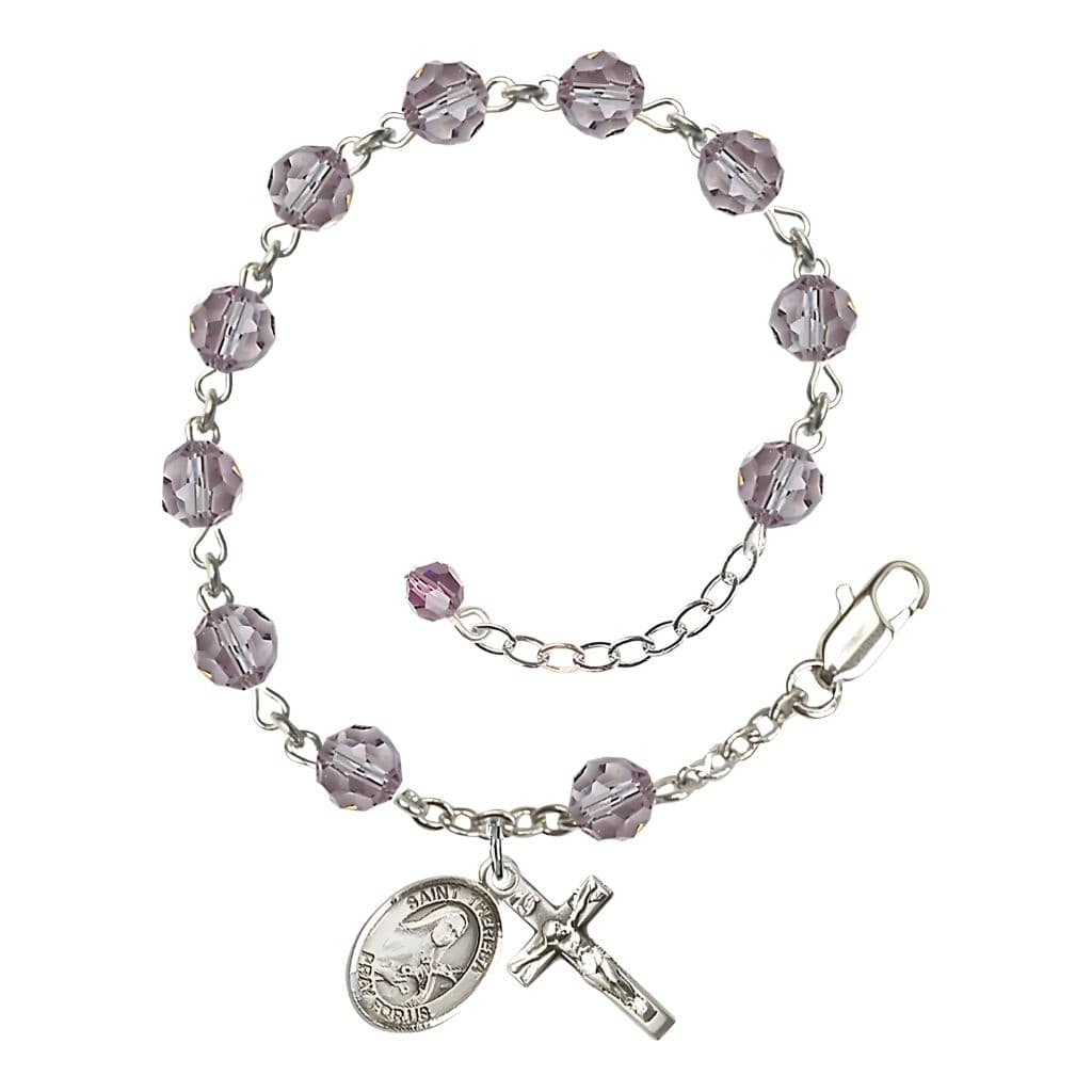 St. Theresa 6mm Light Amethyst Austrian Crystal June Birthstone Sterling Silver Rosary Bracelet