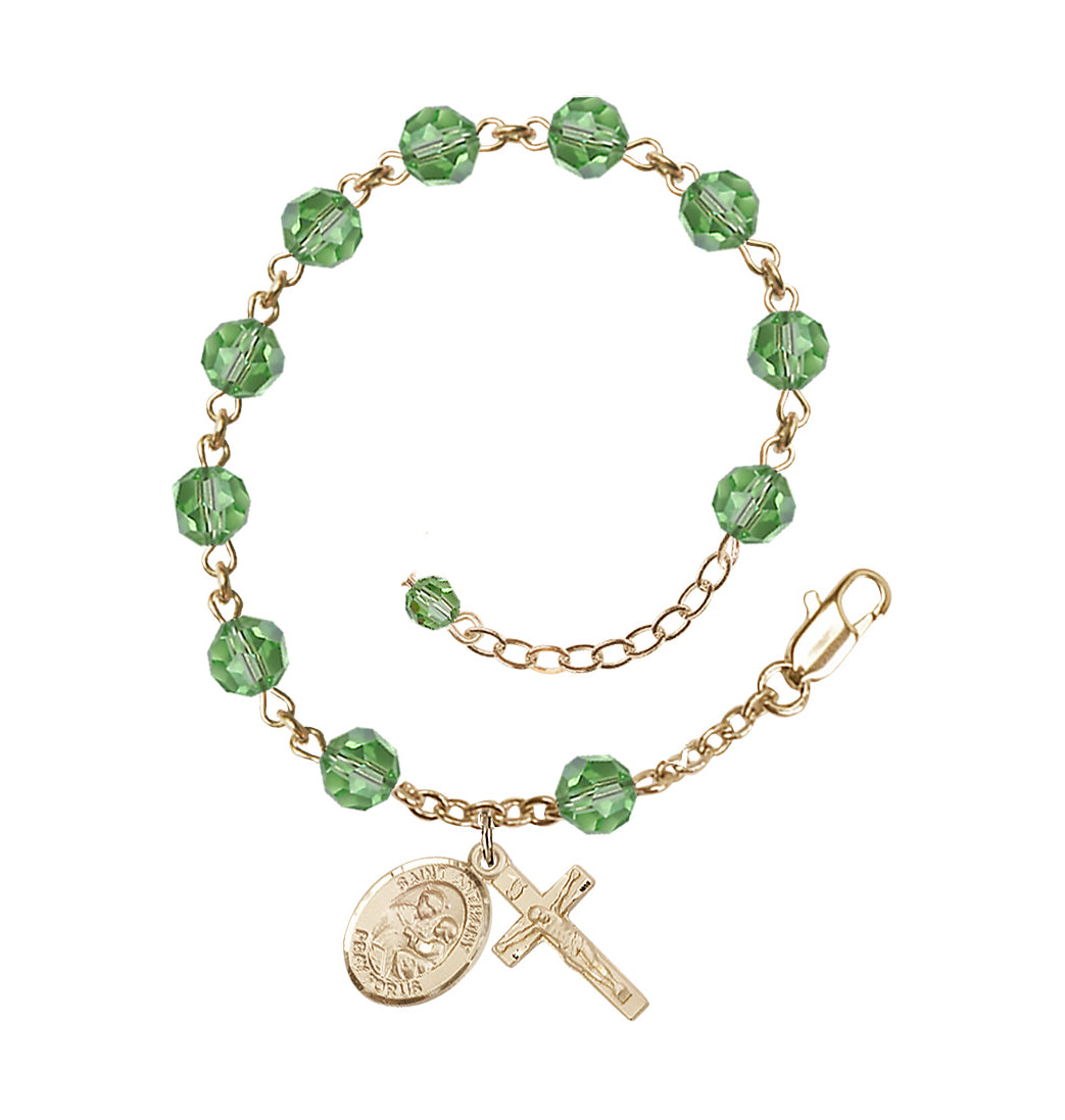 Bliss Adjustable 14kt Gold 6mm Austrian Crystal Saint Anthony of Padua Rosary Bracelet in Peridot,