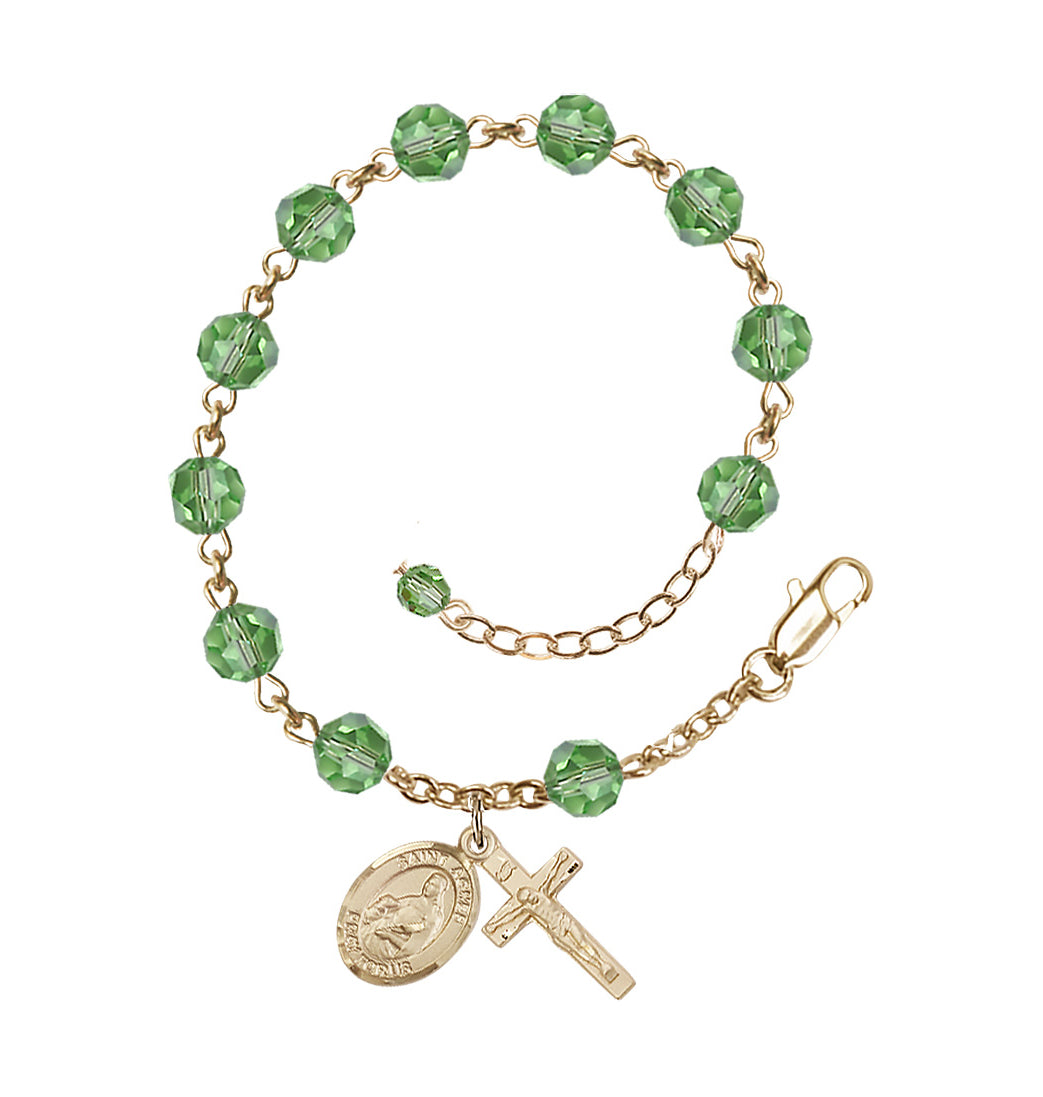 Bliss 14kt Gold Crystal St Agnes of Rome Birthstone Rosary Bracelet in Peridot,