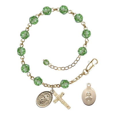 Jesus Divine Mercy Rosary Bracelet with Gold-filled Crucifix and Charm, Birthstone 6mm Austrian Crystal Peridot Beads for August, Bliss Manufacturing