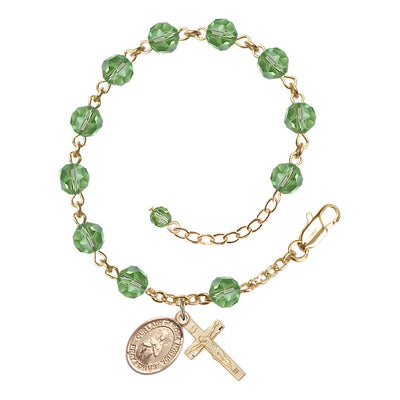Bliss Our Lady of Rosa Mystica Rosary Bracelet with Gold-filled Crucifix and Charm, Birthstone 6mm Austrian Crystal Peridot Beads for August