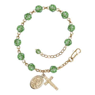 Our Lady of the Precious Blood Rosary Bracelet with Gold-filled Crucifix and Charm, Birthstone 6mm Austrian Crystal Peridot Beads for August