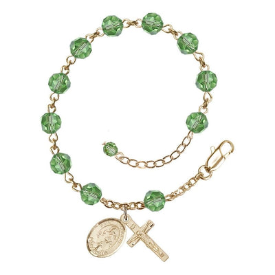 St. Nicholas Rosary Bracelet with 14kt Gold Centerpiece and Crucifix, August Birthstone 6mm Peridot Austrian Crystal Beads, Bliss Manufacturing