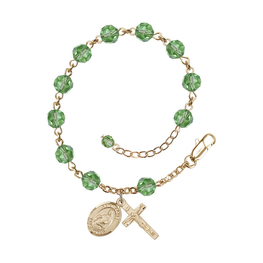14kt Gold Crystal St Agnes of Rome Birthstone Rosary Bracelet in Peridot, Bliss Manufacturing
