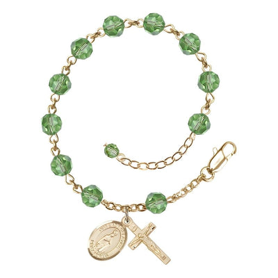 Our Lady of Fatima Rosary Bracelet with 14kt Gold Crucifix and Charm, Birthstone 6mm Austrian Crystal Peridot Beads for August, Bliss Manufacturing