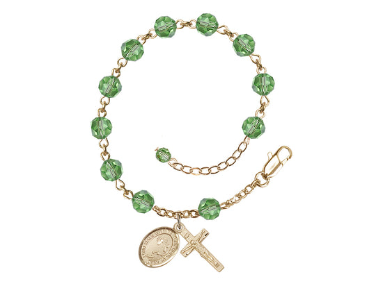 Peridot 6mm Austrian Crystal Footprint Cross Gold Rosary Bracelet by Bliss