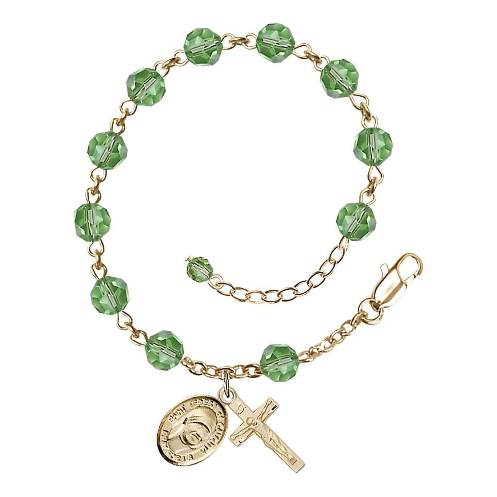 Bliss St. Teresa of Calcutta Birthstone 14kt Gold Peridot Austrian Crystal Rosary Bracelet,