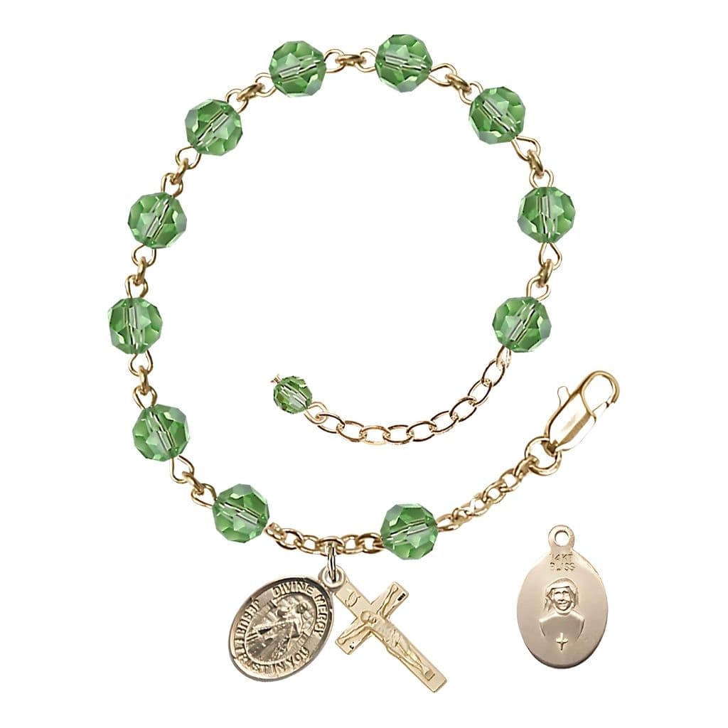 Bliss Jesus Divine Mercy Rosary Bracelet with 14kt Gold Crucifix and Charm, Birthstone 6mm Austrian Crystal Peridot Beads for August