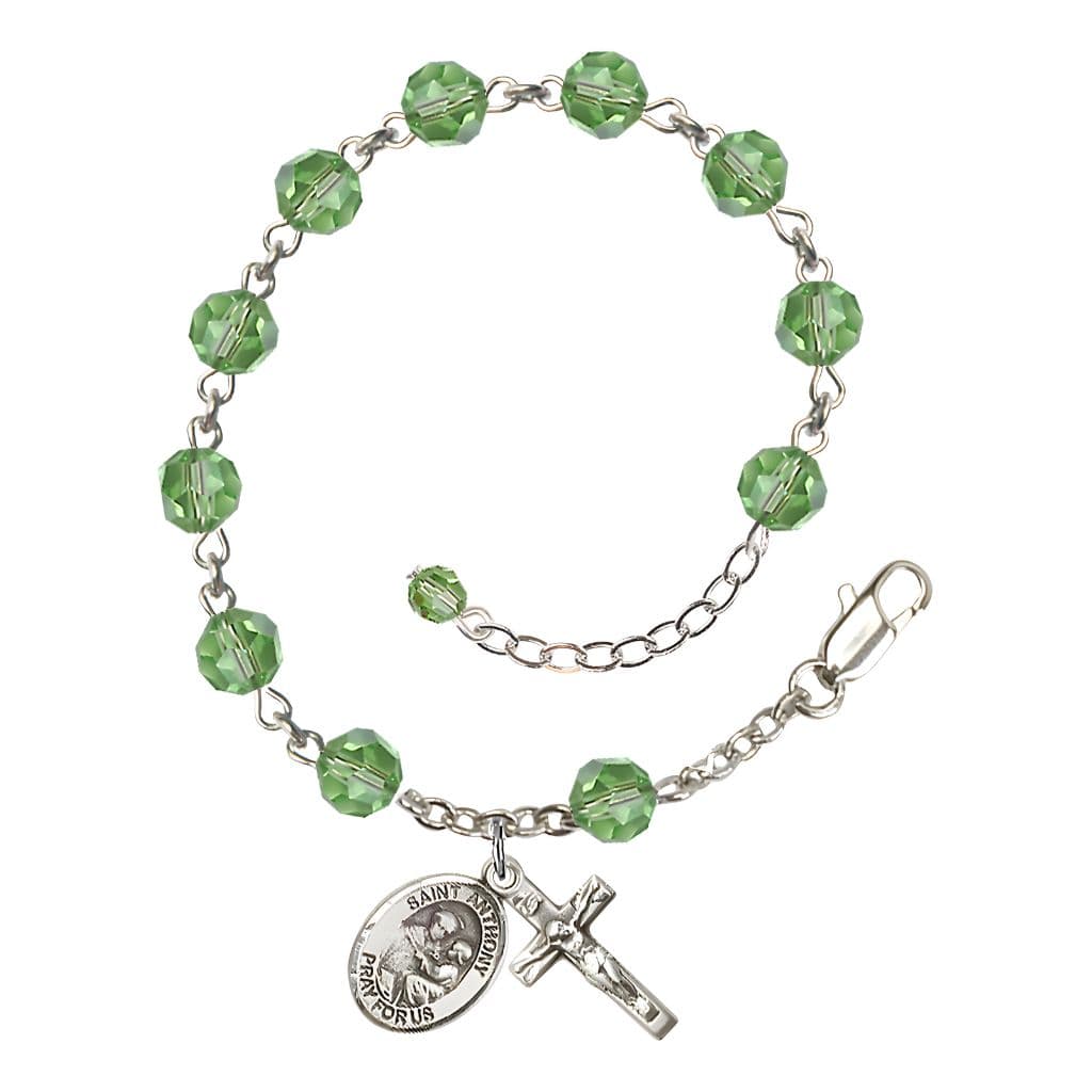 Sterling Silver Crystal St Anthony of Padua Birthstone Rosary Bracelet in Peridot, Bliss Manufacturing