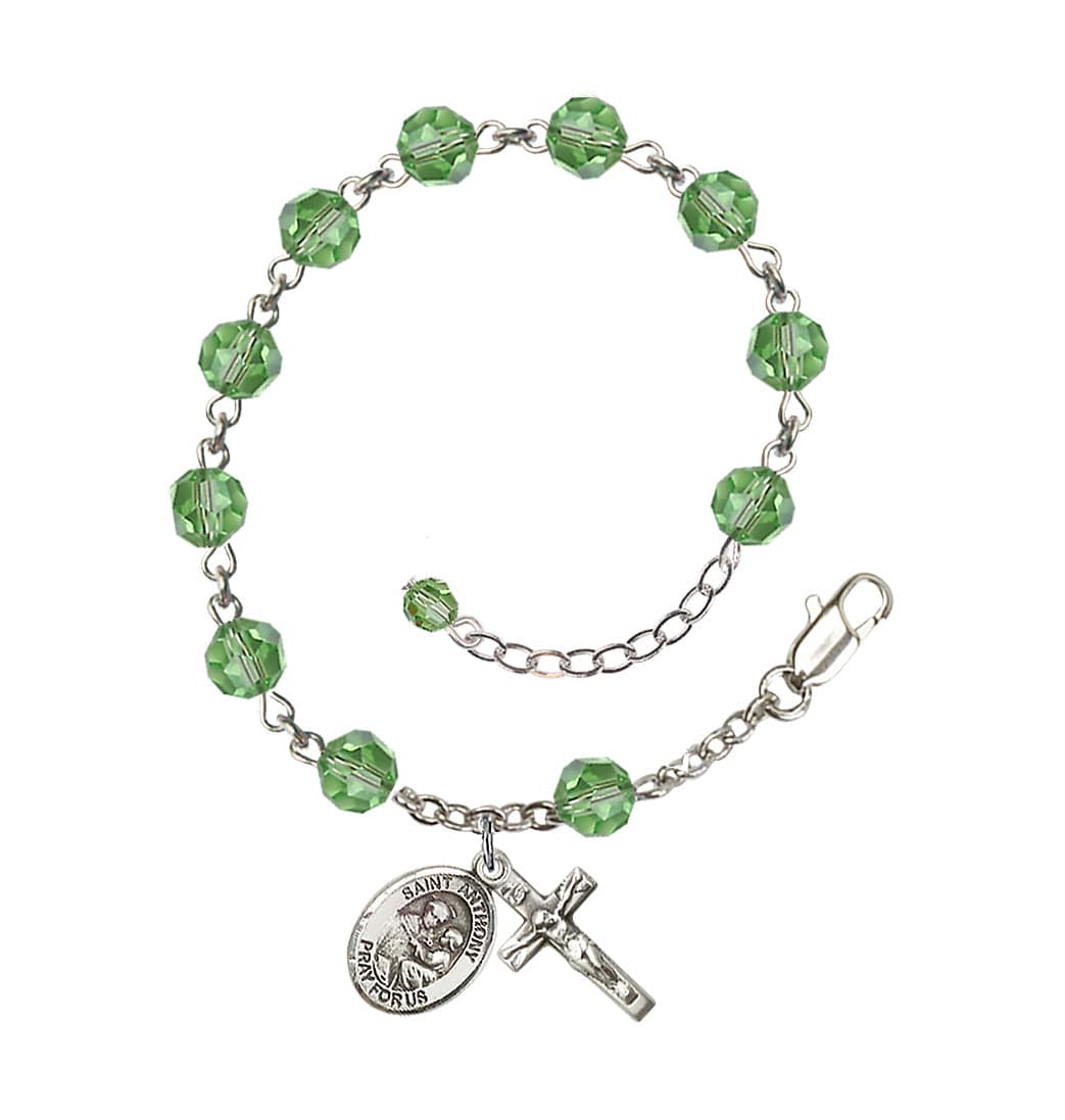 Bliss Sterling Silver Crystal St Anthony of Padua Birthstone Rosary Bracelet in Peridot,