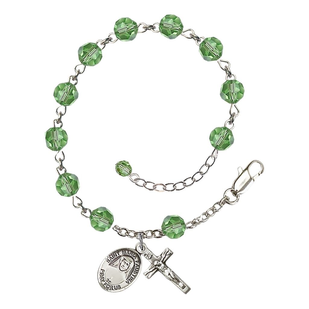 Bliss St. Maria Faustina Birthstone Sterling Silver 6mm Peridot Austrian Crystal Rosary Bracelet,