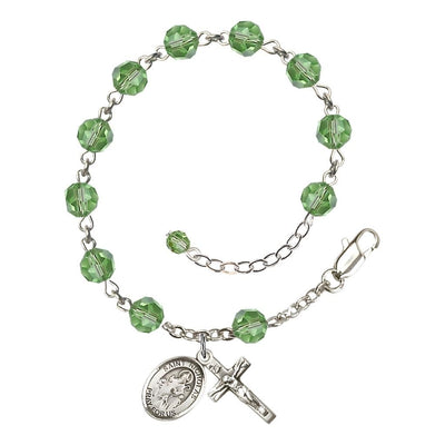 St. Nicholas Rosary Bracelet with Sterling Silver Centerpiece and Crucifix, March Birthstone 6mm PDua Austrian Crystal Beads, Bliss Manufacturing