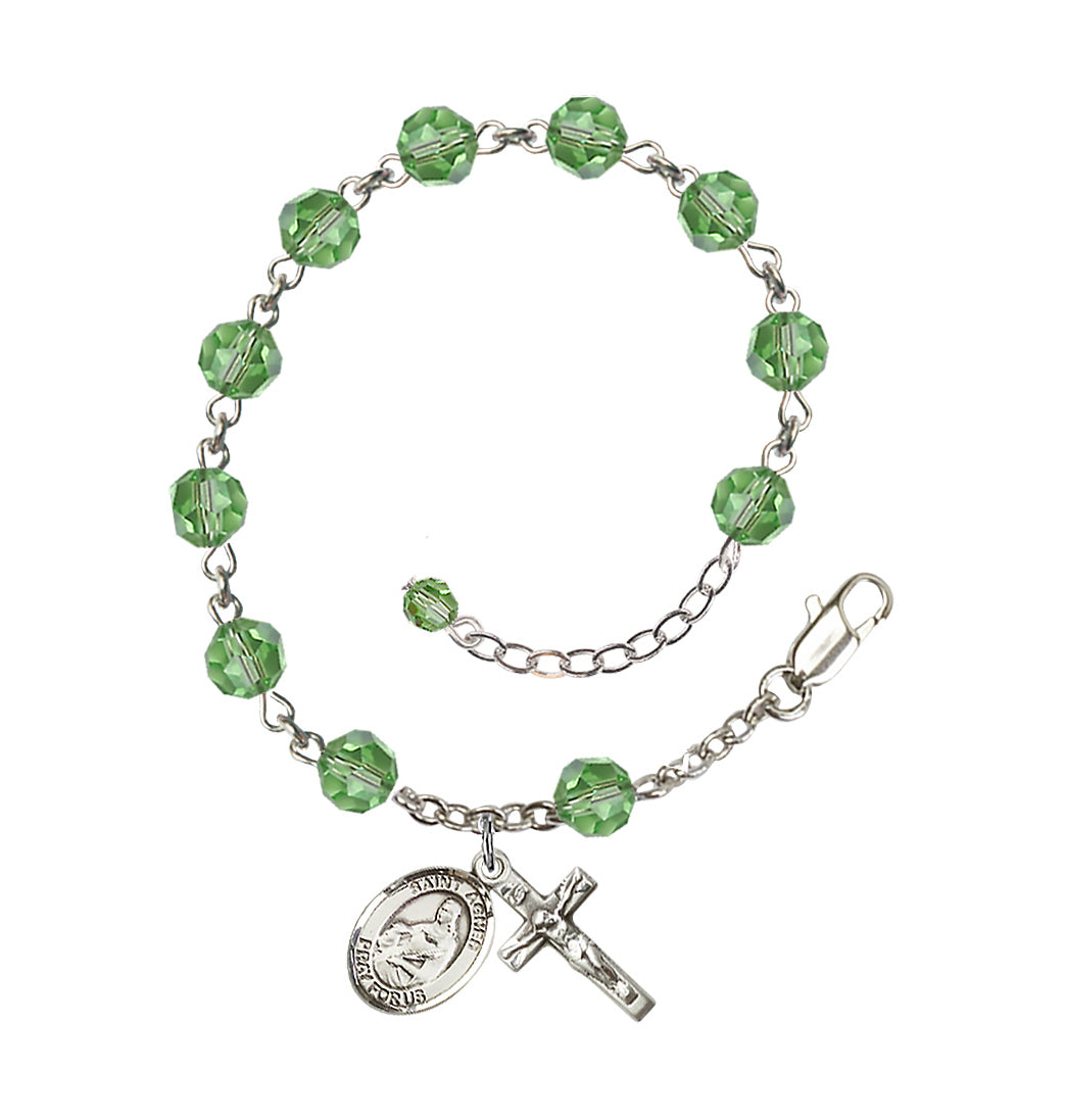 Bliss Sterling Silver Crystal St Agnes of Rome Birthstone Rosary Bracelet in Peridot,