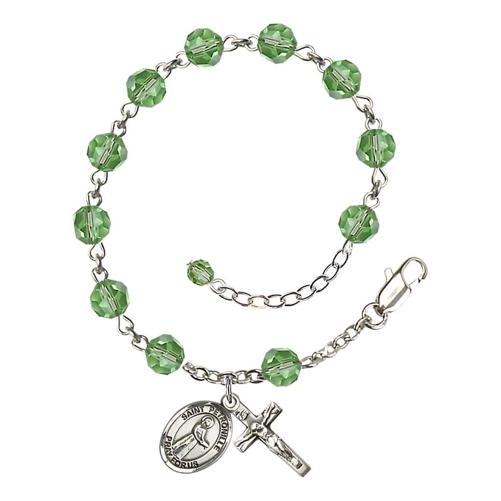 St. Petronille Sterling Silver Rosary Bracelet with 6mm Peridot Austrian Crystal Beads,