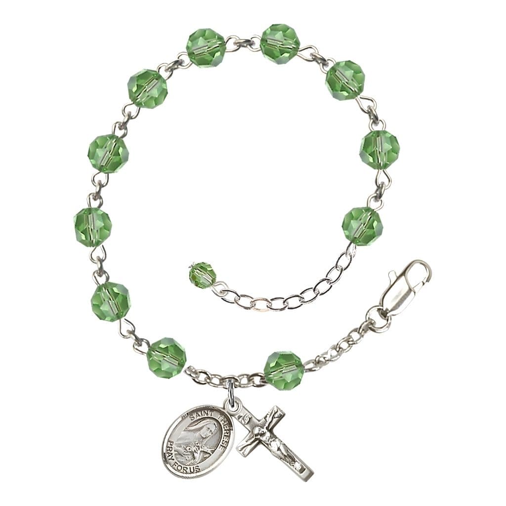 Bliss St. Therese of Lisieux 6mm Peridot Austrian Crystal Birthstone Sterling Silver Rosary