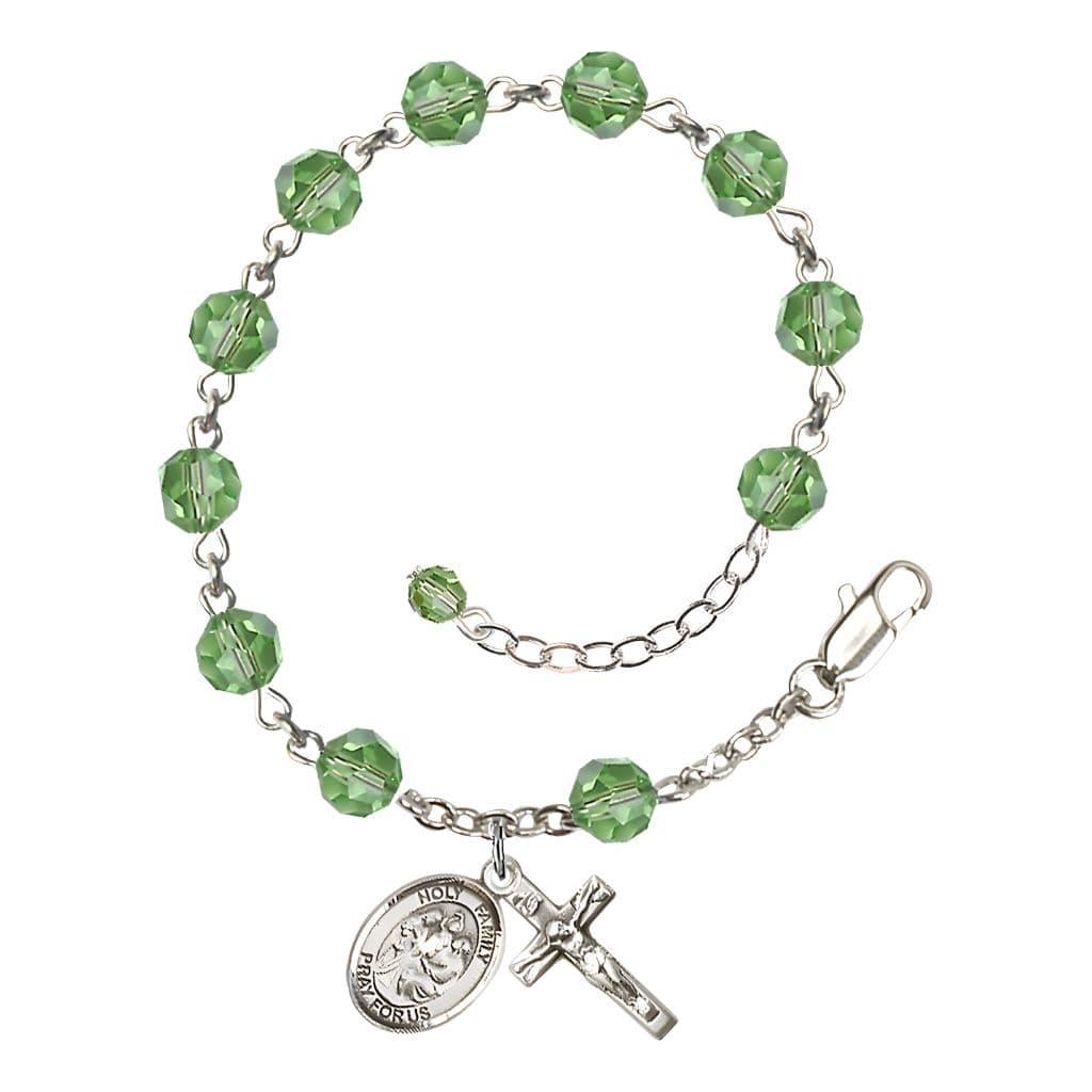 Bliss Holy Family Rosary Bracelet with Sterling Silver Crucifix and Medal, Birthstone 6mm Austrian Crystal Peridot Beads for August
