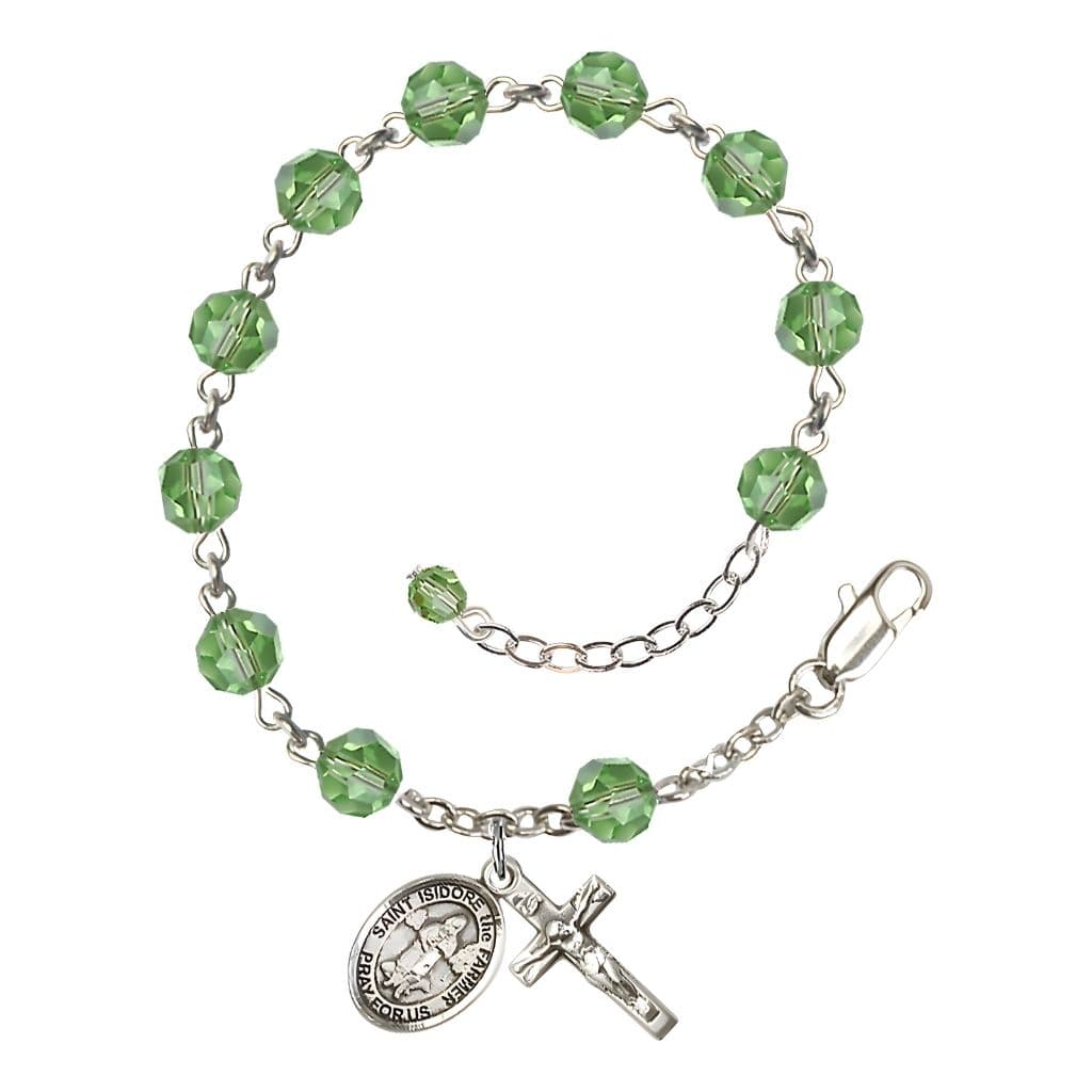 Bliss St. Isidore the Farmer Rosary Bracelet with Sterling Silver Crucifix and Charm, Birthstone 6mm Austrian Crystal Peridot Beads for August