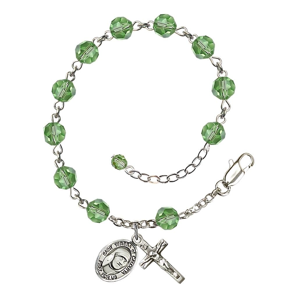 Bliss St. Teresa of Calcutta Birthstone Sterling Silver Peridot 6mm Austrian Crystal Rosary Bracelet