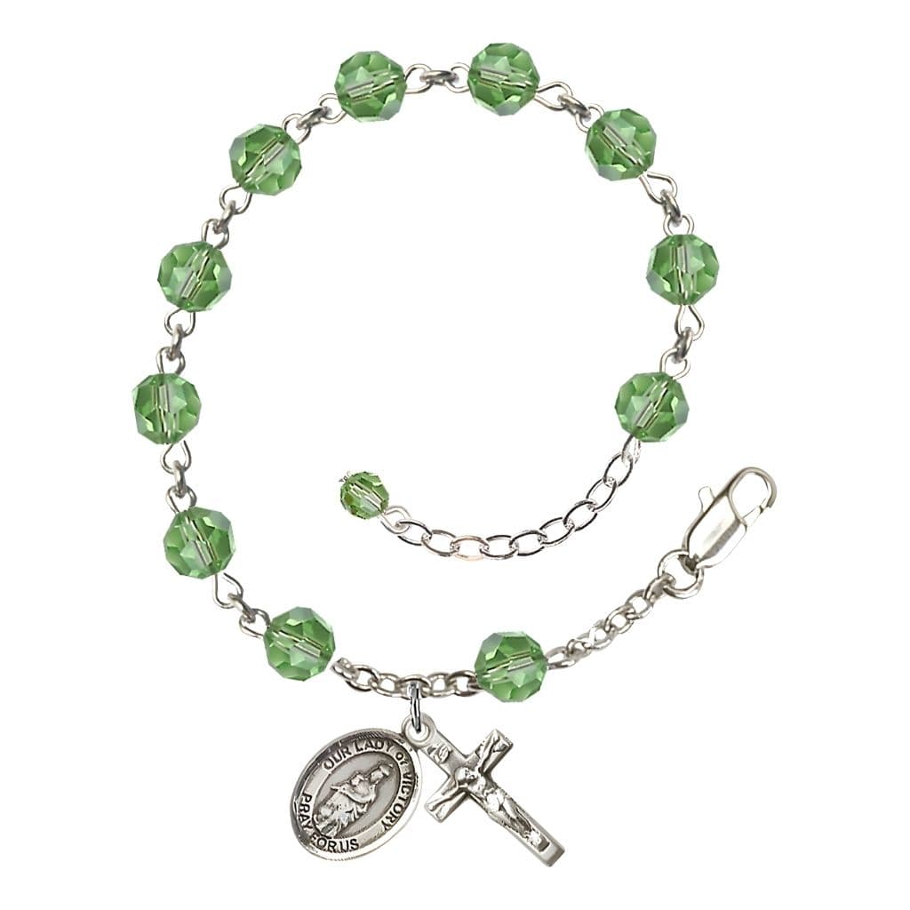 Bliss Our Lady of Victory Sterling Silver August Birthstone Peridot 6mm Austrian Crystal Rosary Bracelet