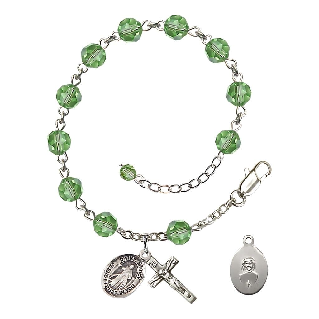 Bliss Jesus Divine Mercy Rosary Bracelet with Sterling Silver Crucifix and Charm, Birthstone 6mm Austrian Crystal Peridot Beads for August