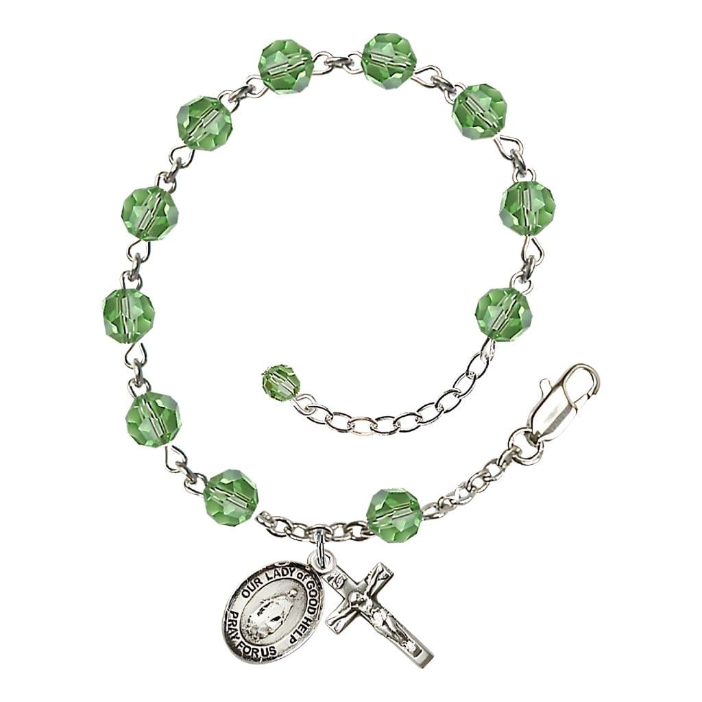 Bliss Our Lady of Good Help Birthstone Sterling Silver Rosary Bracelet in Peridot,