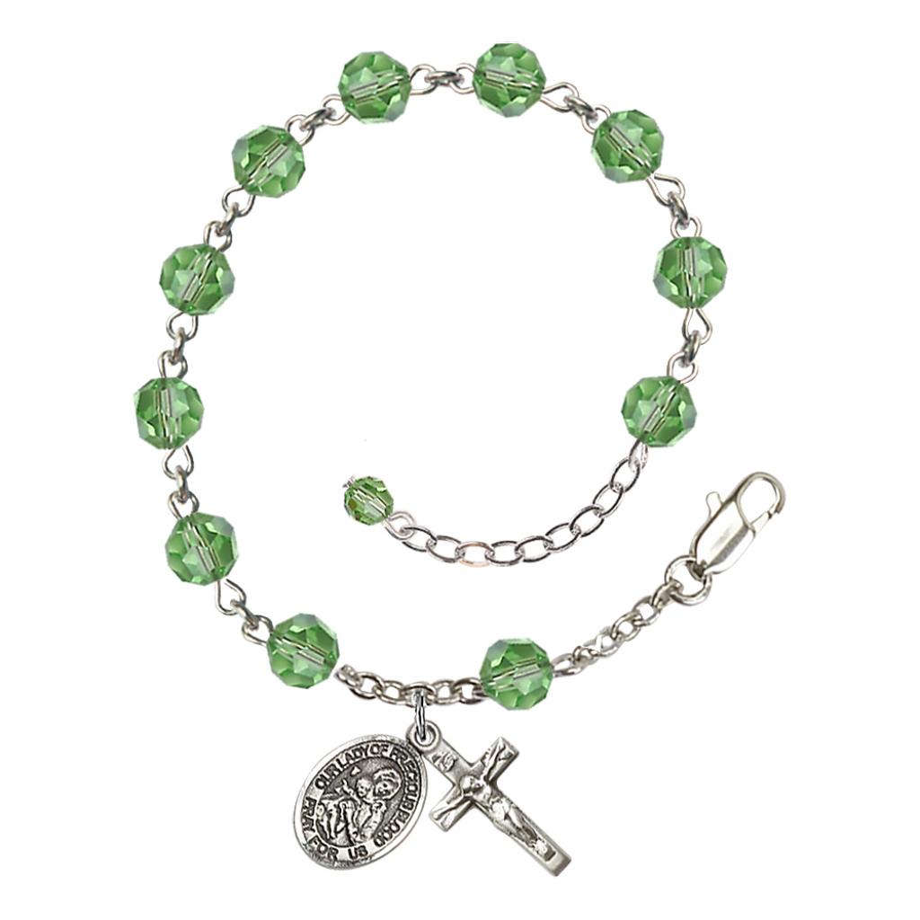 Our Lady of the Precious Blood Rosary Bracelet with Sterling Silver Crucifix and Charm, Birthstone 6mm Austrian Crystal Peridot Beads for August