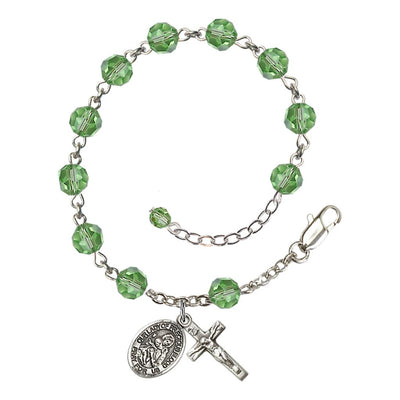 Our Lady of the Precious Blood Rosary Bracelet with Sterling Silver Crucifix and Charm, Birthstone 6mm Austrian Crystal Peridot Beads for August