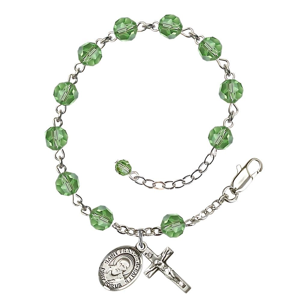 St. Francis de Sales 6mm Peridot Birthstone Sterling Silver Rosary Bracelet,