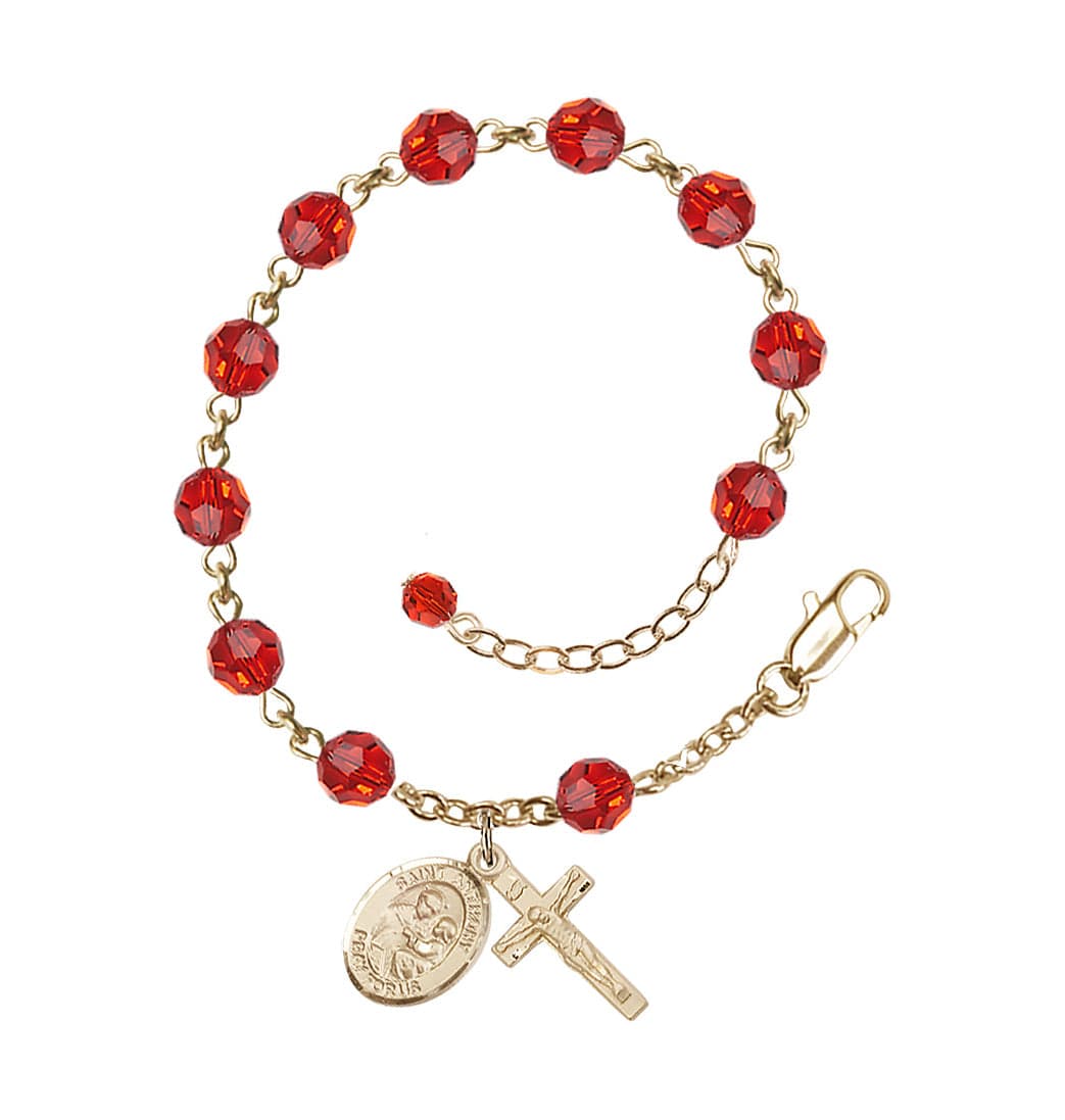Bliss Gold Filled Crystal St Anthony of Padua Birthstone Rosary Bracelet in Ruby,