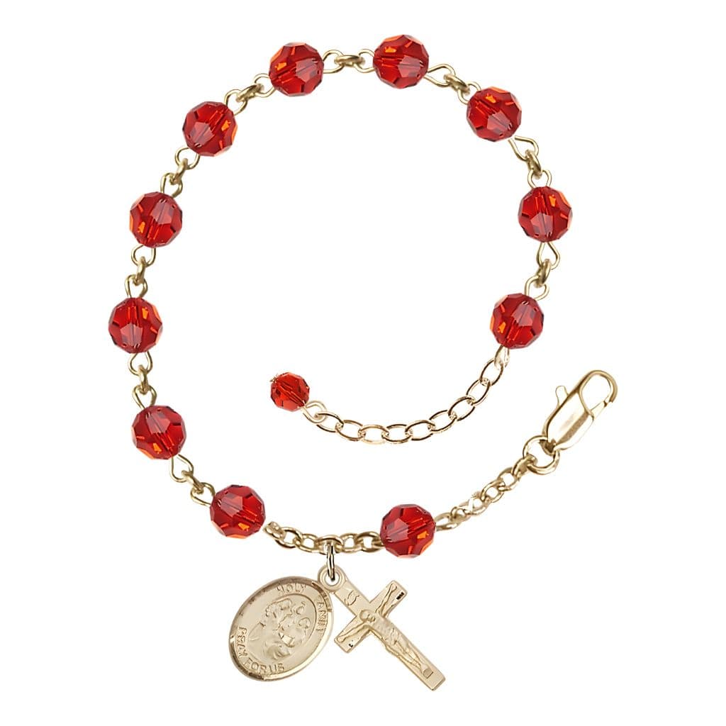 Bliss Holy Family Rosary Bracelet with 14kt Gold-filled Crucifix and Medal, Birthstone 6mm Austrian Crystal Ruby Beads for July