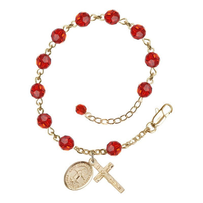 St. Isidore the Farmer Rosary Bracelet with Gold-filled Crucifix and Charm, Birthstone 6mm Austrian Crystal Ruby Beads for July, Bliss Manufacturing