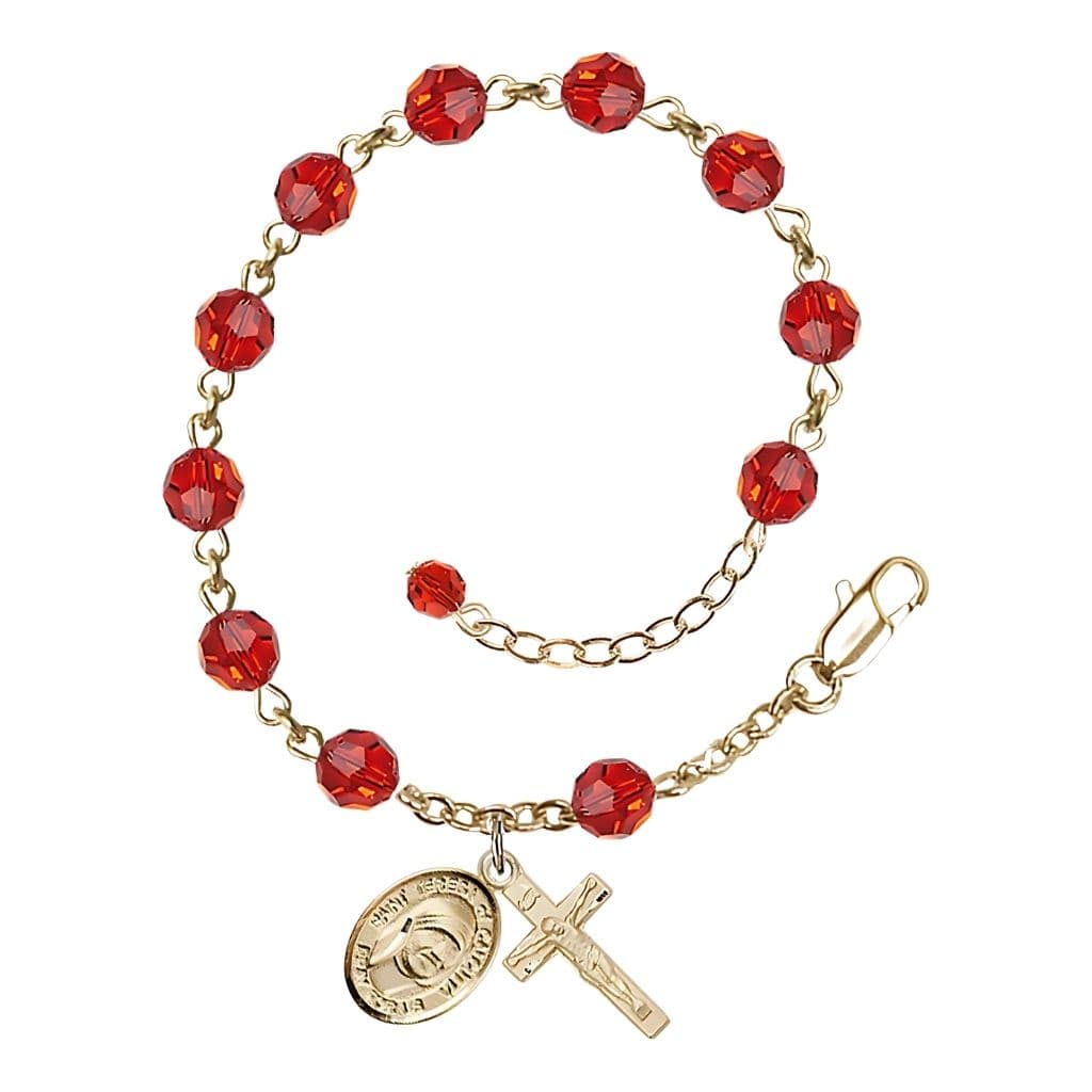 Bliss St. Teresa of Calcutta Birthstone Ruby 6mm Austrian Crystal Rosary Gold-filled Bracelet,