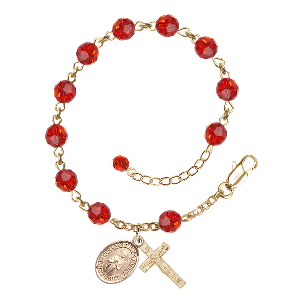 Bliss Our Lady of Rosa Mystica Rosary Bracelet with Gold-filled Crucifix and Charm, Birthstone 6mm Austrian Crystal Ruby Beads for July
