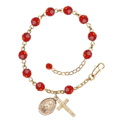 Bliss Our Lady of Rosa Mystica Rosary Bracelet with Gold-filled Crucifix and Charm, Birthstone 6mm Austrian Crystal Ruby Beads for July