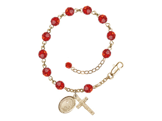Ruby 6mm Austrian Crystal Footprint Cross Gold Rosary Bracelet by Bliss