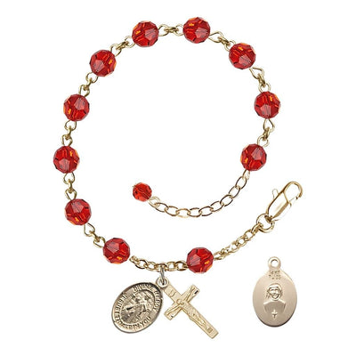 Jesus Divine Mercy Rosary Bracelet with 14kt Gold Crucifix and Charm, Birthstone 6mm Austrian Crystal Ruby Beads for July, Bliss Manufacturing