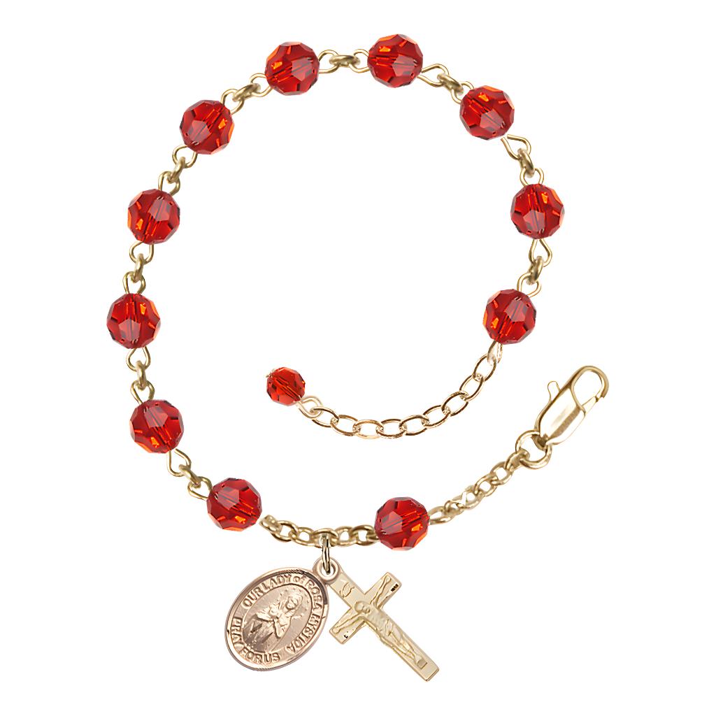 Bliss Our Lady of Rosa Mystica Rosary Bracelet with 14kt Gold Crucifix and Charm, Birthstone 6mm Austrian Crystal Ruby Beads for July
