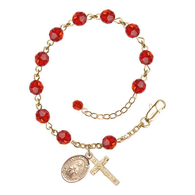 Bliss Our Lady of Rosa Mystica Rosary Bracelet with 14kt Gold Crucifix and Charm, Birthstone 6mm Austrian Crystal Ruby Beads for July