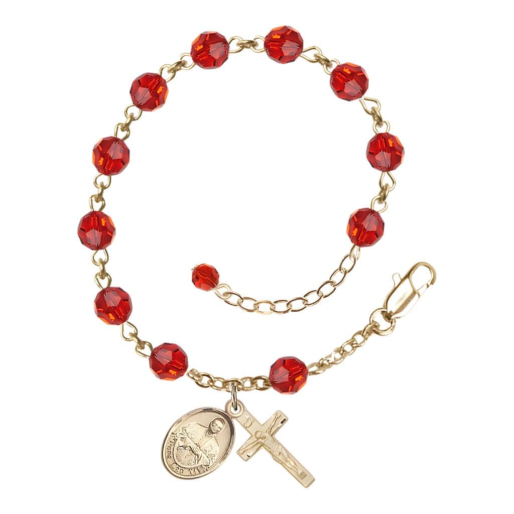 Bliss Pope Leo XIV 14kt Gold Rosary Bracelet with Birthstone 6mm Austrian Crystal Beads in Ruby for July