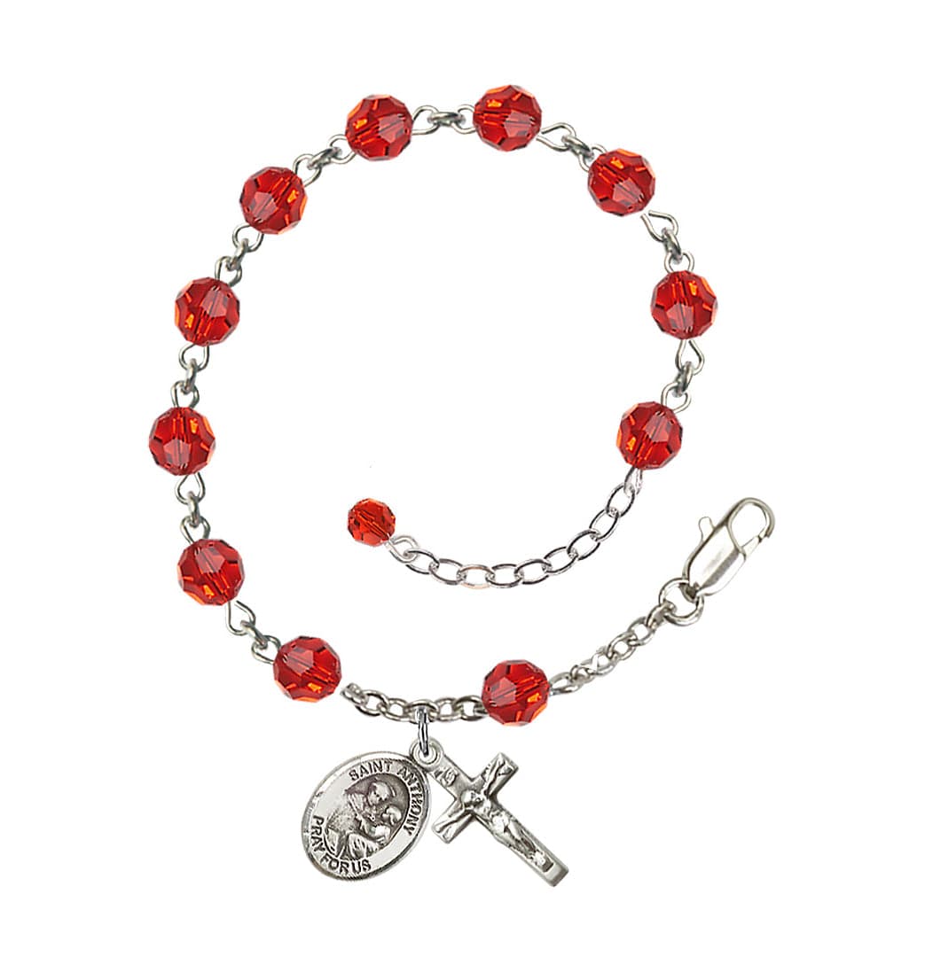 Bliss Sterling Silver Crystal St Anthony of Padua Birthstone Rosary Bracelet in Ruby,