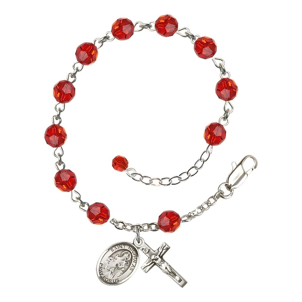 Bliss St. Nicholas Rosary Bracelet with Sterling Silver Centerpiece and Crucifix, July Birthstone 6mm Ruby Austrian Crystal Beads