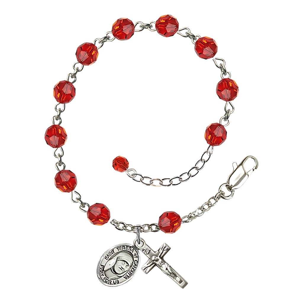 Bliss St. Teresa of Calcutta Birthstone Sterling Silver Ruby 6mm Austrian Crystal Rosary Bracelet