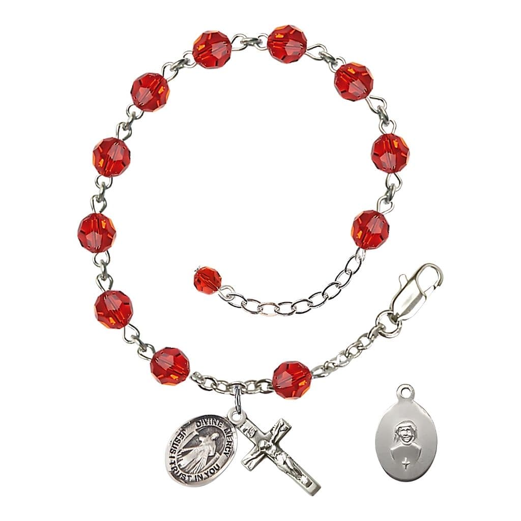 Bliss Jesus Divine Mercy Rosary Bracelet with Sterling Silver Crucifix and Charm, Birthstone 6mm Austrian Crystal Ruby Beads for July